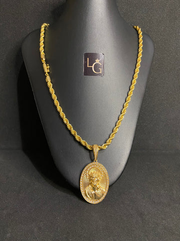 Cordão Baiano 6mm - Ping Face de Cristo Oval Banhado a Ouro