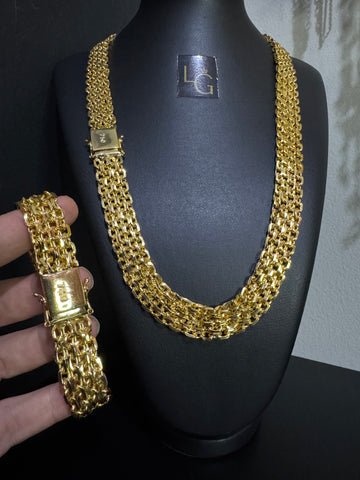 Cordão e Pulseira Esteira 20mm Banhado ouro 18k