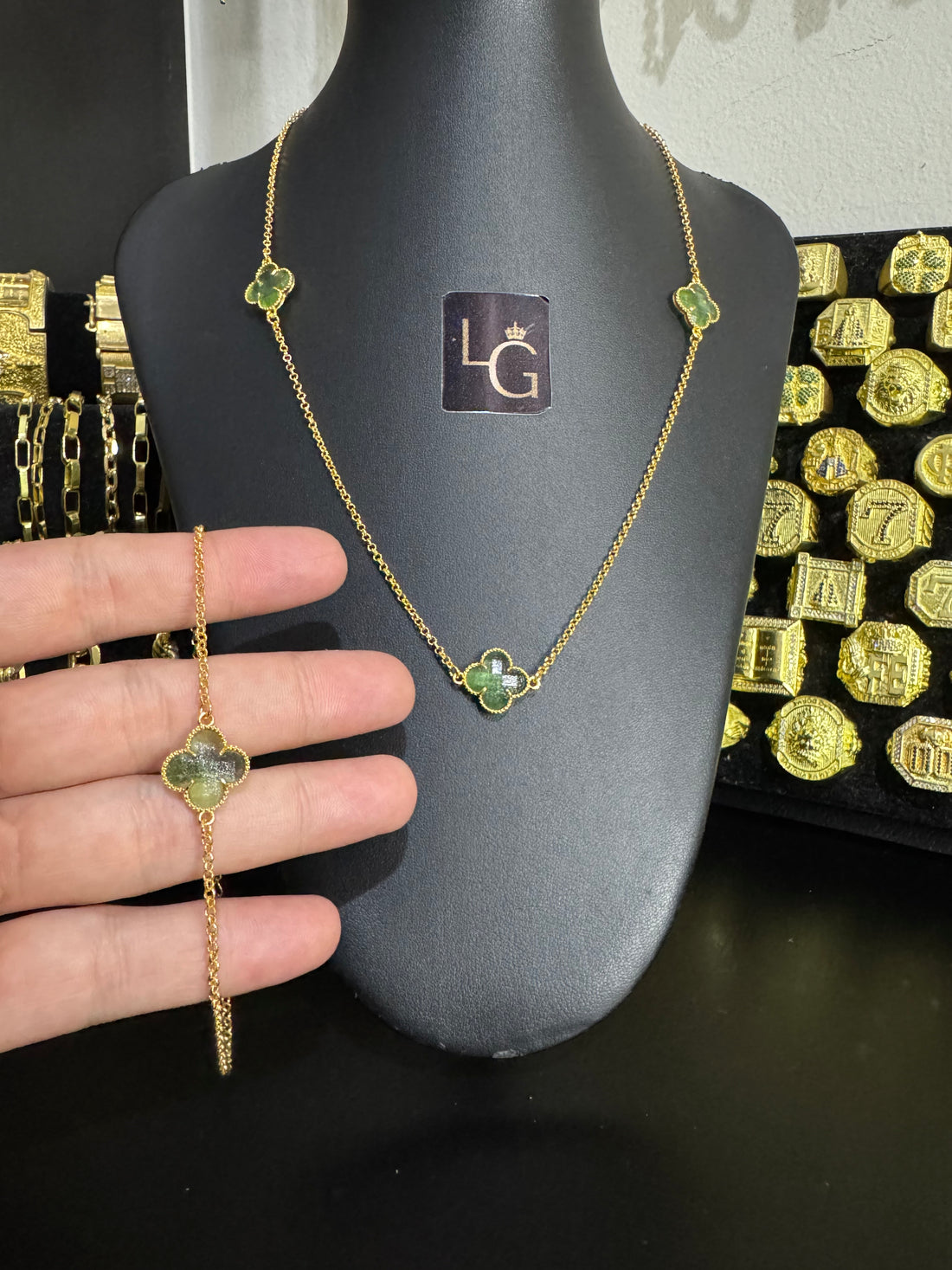 Cordão+Pulseira Van Cleeff Verde Banhado a ouro