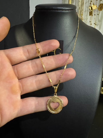 Corrente feminino canutilho 1mm - Ping medalha coração banhado a ouro 18k