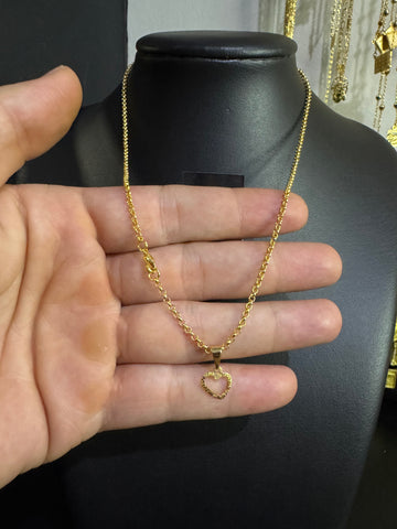 Corrente feminino português 1mm - Ping coração vazado banhado a ouro 18k