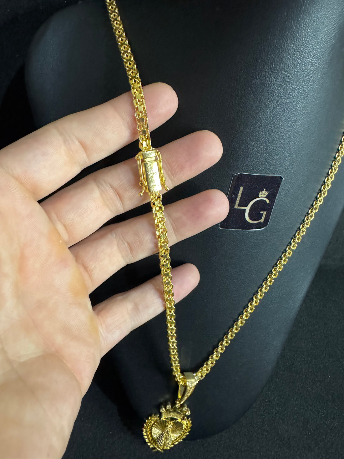Cordão Cadeado Duplo 6mm - Ping Coração Nossa Senhora Banhado a Ouro