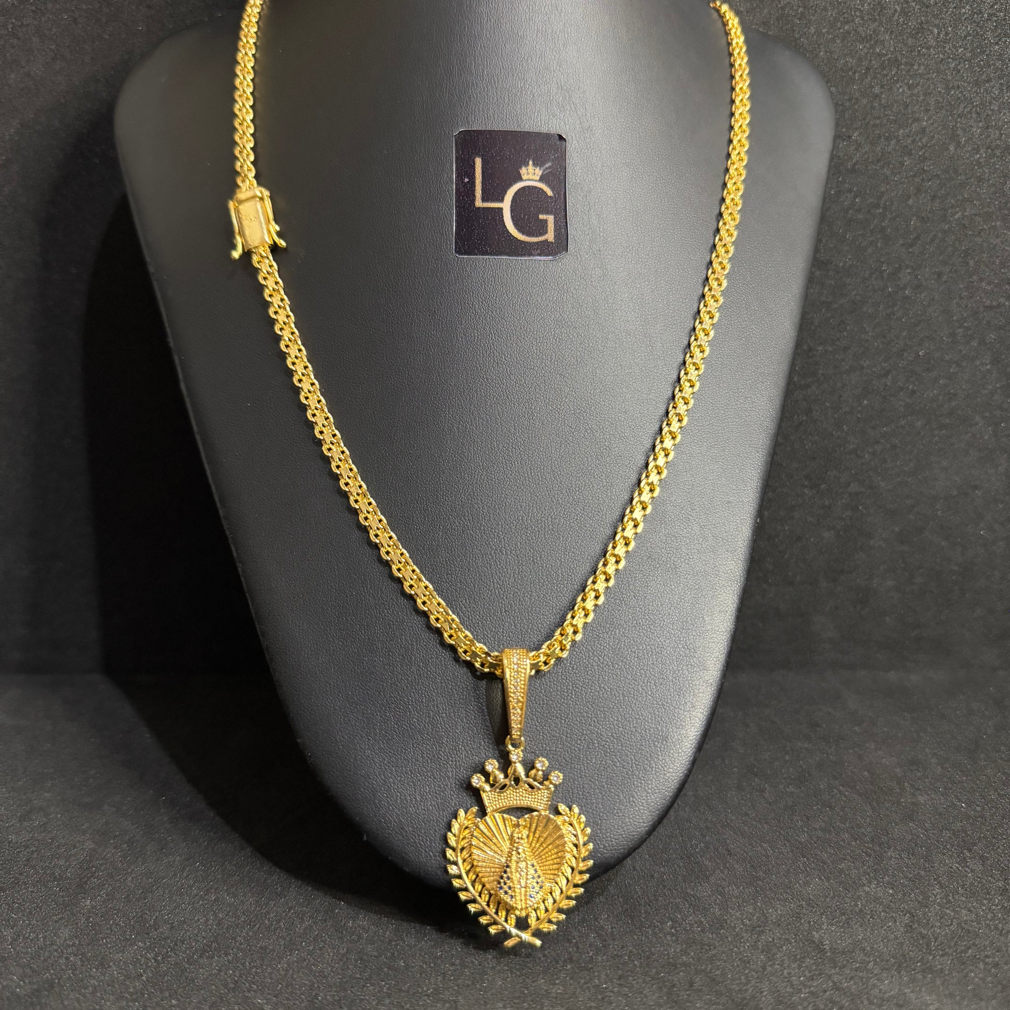 Cordão Cadeado Duplo 6mm - Ping Coração Nossa Senhora Banhado a Ouro