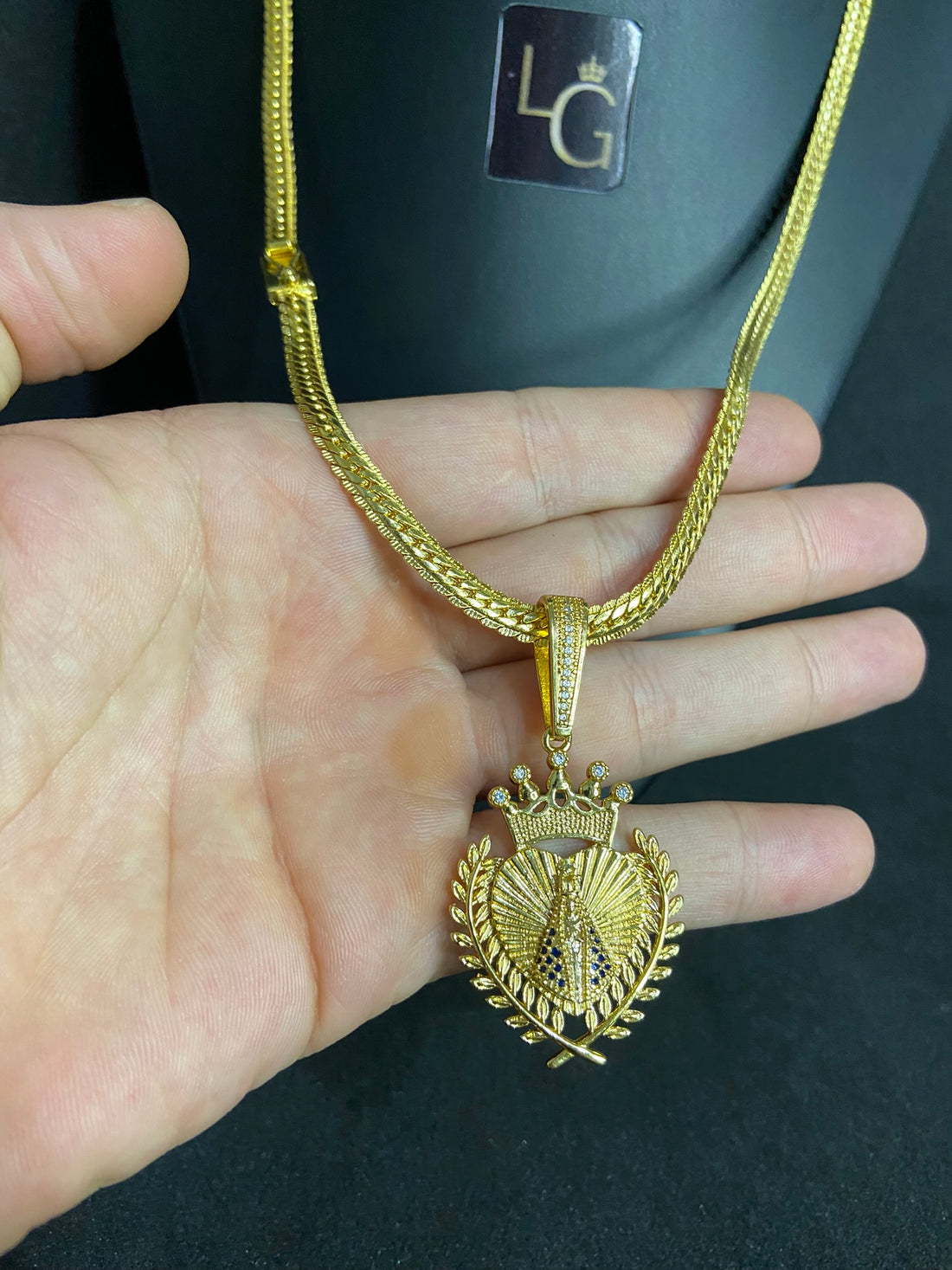 Cordão Laminado Grumet 5mm - Ping Coração Nossa Senhora Banhado a Ouro